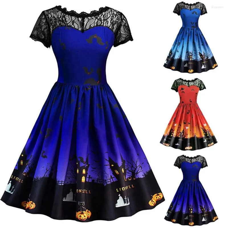 Party Kleider Frauen Kürbis Print Kleid Halloween Langarm V-ausschnitt Vintage Casual Plus Größe Vestido Corto Mujer