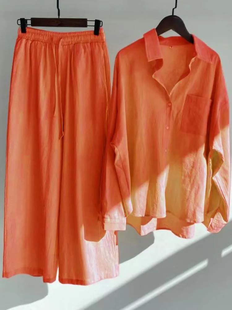 Pantalones de dos piezas para mujer, traje de solapa a la moda para mujer, camisa de lino y algodón, sudadera informal de cintura alta de gran tamaño, sudadera para mujer