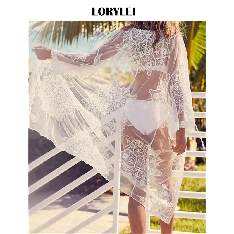 Sarongs Sexy See See Then Bikini Prap Covers Up-Uples White Lace Tunic Women Summer Beach Wear Long Kimono Cardigan Plage N792