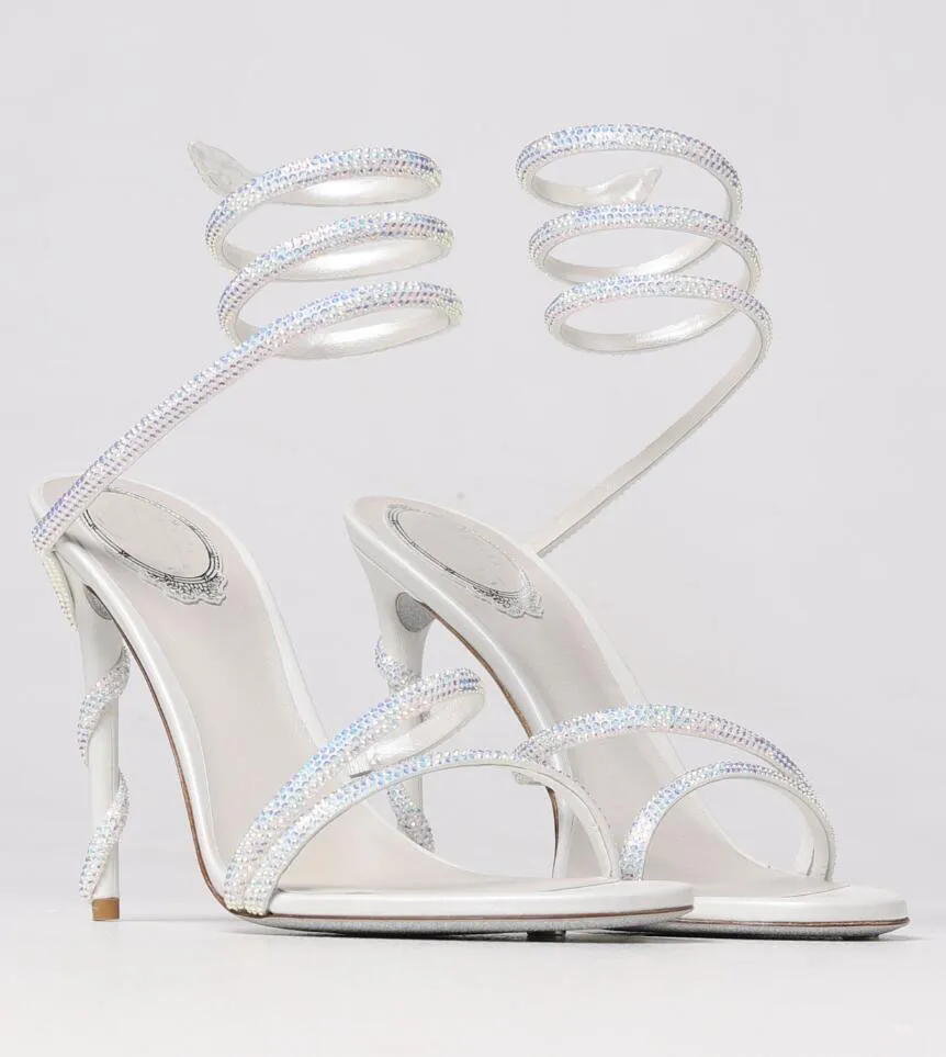 Słynna marka Rene Caovilla Sandals Sandals Buty Crystals-Crystals Satin Snake Wapped Strappy Party Dress Wedding Lady Gladiator Sandalias Oryginalne pudełko