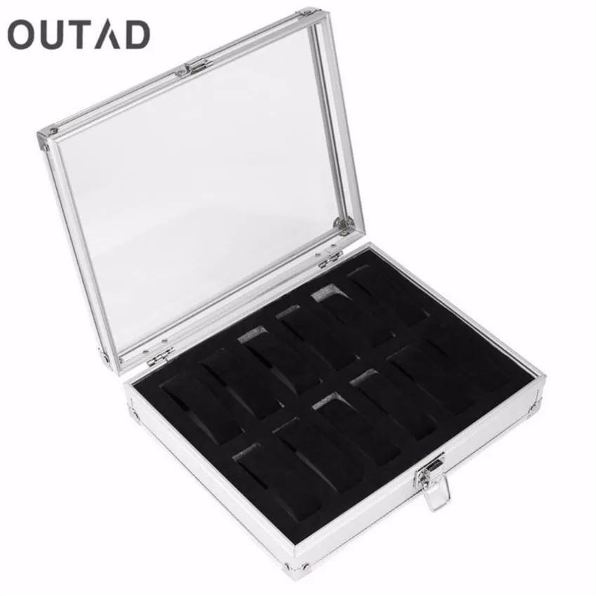 Smycken klockor l￥dor kista 12 rutn￤t slots Silver Display Square Case Aluminium Suede Inside Container Holder Organizer256a