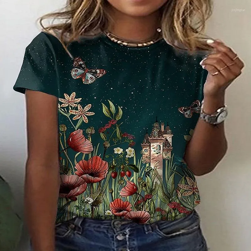 Women's T Shirts Women's T-shirt 3d Printing Green Floral Top All-match Fashion Short-sleeved Elegant Temperament Round Neck