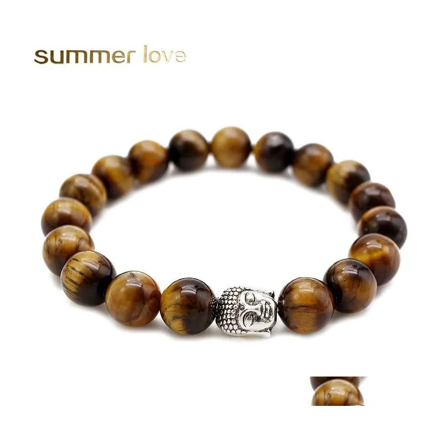 Hebras de cuentas Tamaño ajustable Ojo de tigre Pulseras de cuentas de piedra para hombres Mujeres 10Mm Cuentas de Buda Pulsera Joyería de moda Regalo Drop D Dhkd7