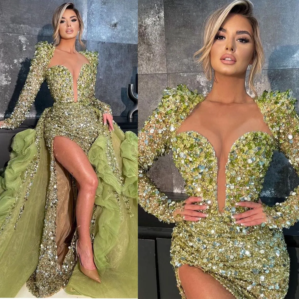 Sexy V Neck Mermaid Prom Dresses Shiny Sequins Full Sleeve Saudi Women Evening Sheath Gown With Detachable Train Robe De Soiree