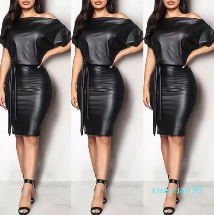 Casual Jurken Zwart Asymmetrische Sexy Kunstleer Bodycon Jurk Vrouwen Zomer Lange Mouw Knielengte Pencil2642