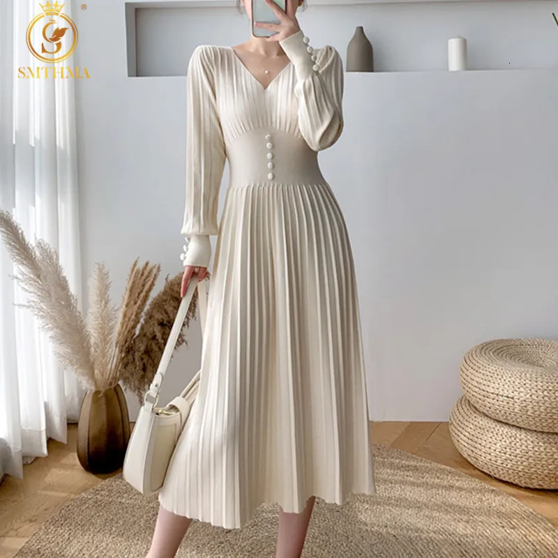 Casual Dresses Hma Autumn Winter Knit Long Dress Women Sexig Vneck Slim Sweater Robe Office Lady Clothing 230207