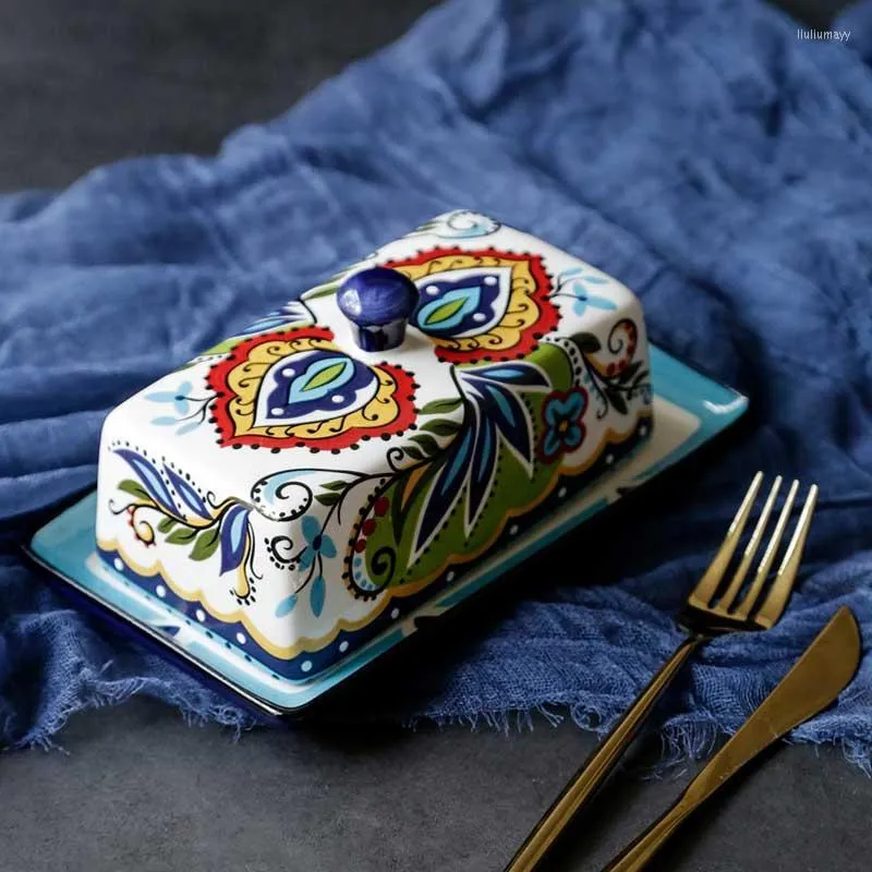 Plates Western Hand Painted Ceramic Butter Box Unique Rectangle Table Storage Container Cheese Dish Plate Home Kitchen Party Dinnerware