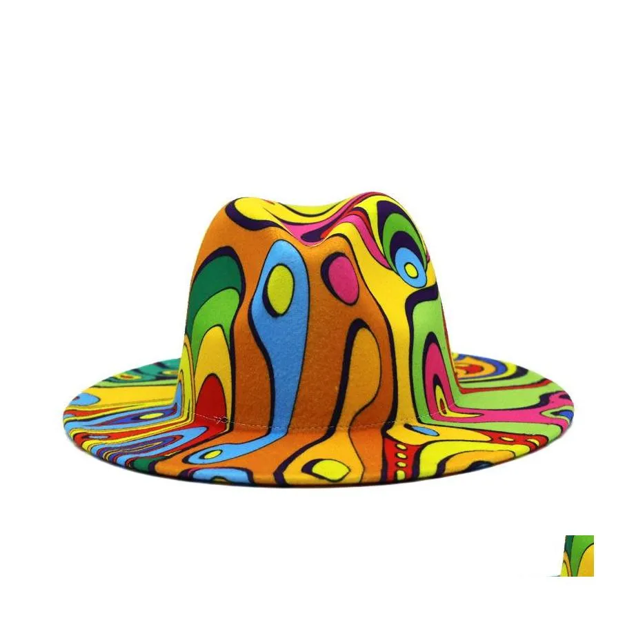 Chapeaux à large bord Colorf Tie Dye Feutre Jazz Femmes Faux Laine Fedora Chapeau Panama Style Party Chapeau Formel Chapeau Gambler Cap Drop Livraison Fashi Dhuql