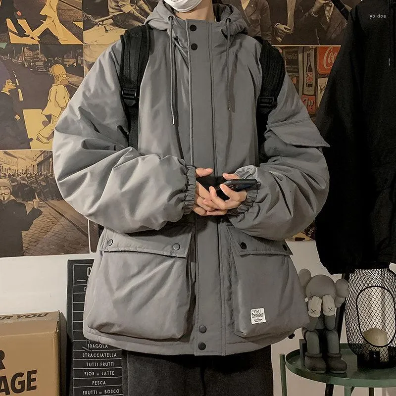 Mäns ner Winter Cargo Jacket tjockare imitation Silk Cotton Warm Multi-Pocket Solid Hooded Coats