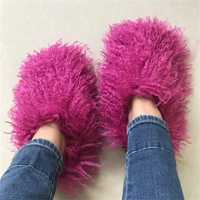 Pantoufles De Luxe Mongolie Fourrure Diapositives Femmes Fluffy Fuzzy En Peluche Tongs Doux Maison Chaud Hiver Incroyable Furry Chaussures Femme 221008