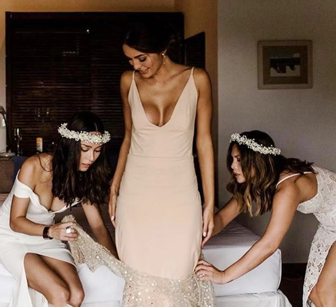 Gold Sash Champagne Glitter deep v wedding dress with Long Sleeves and V-Neckline - 2023 Collection