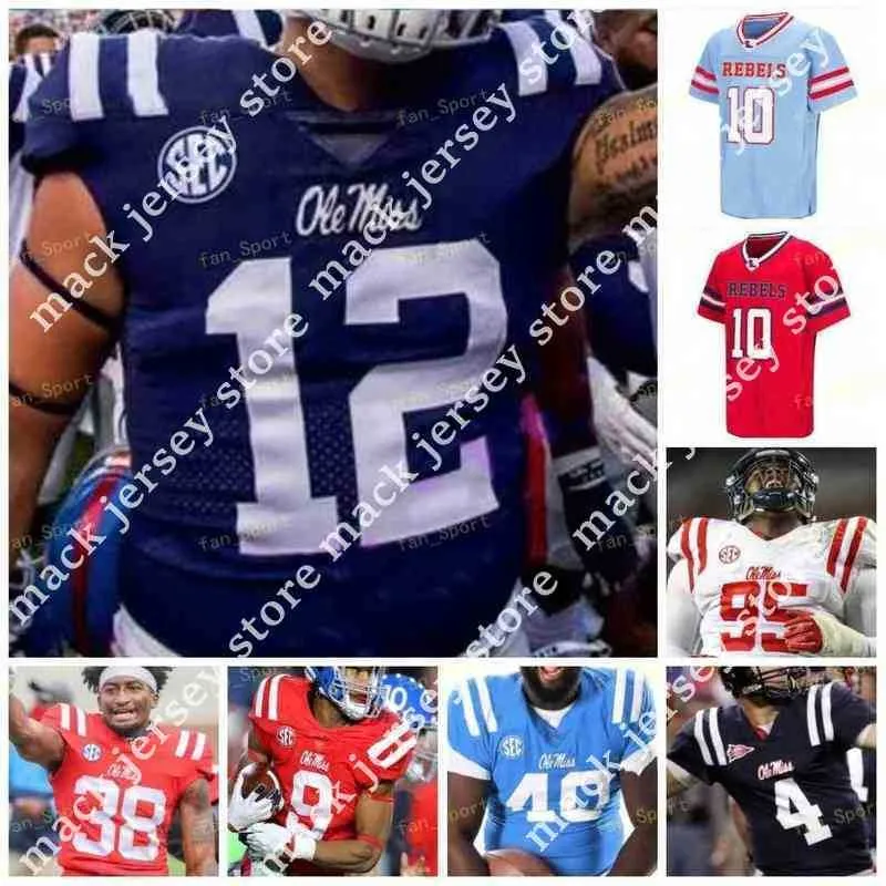 American College Football Wear College 2021 Red Ole Miss Rebels Football Jersey NCAA College 10 Eli Manning 14 Bo Wallace 49 Patrick Willis