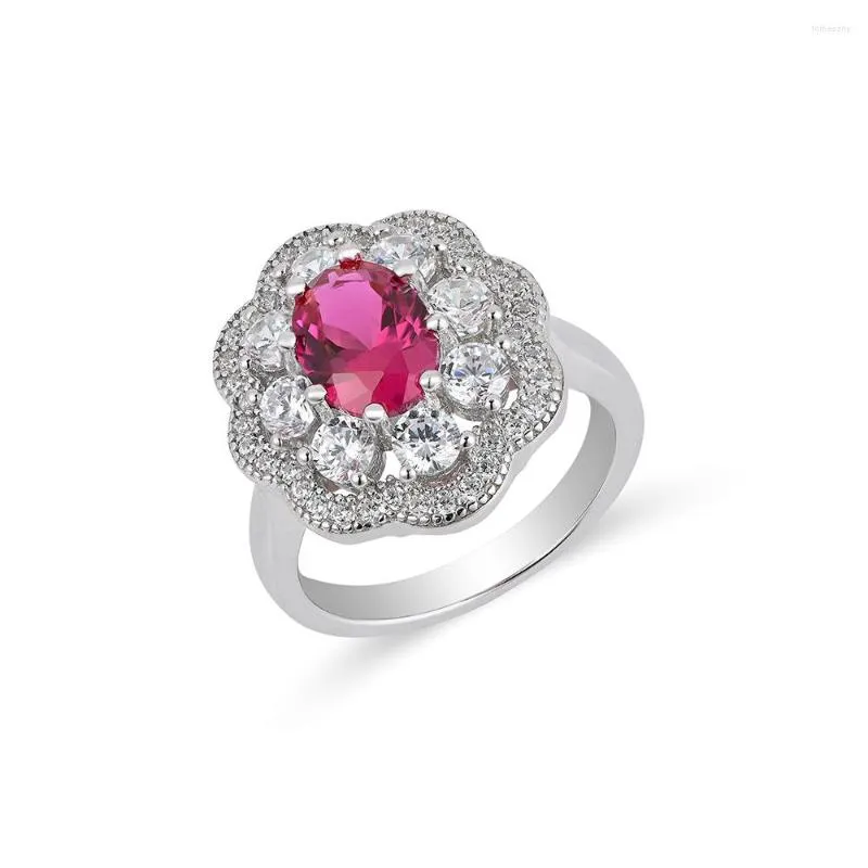 Cluster Rings Trendy 925 Sterling Silver Ruby Diamond Flower for Women Korean Ins Plated White Gold Gemstone Party Ring Gift