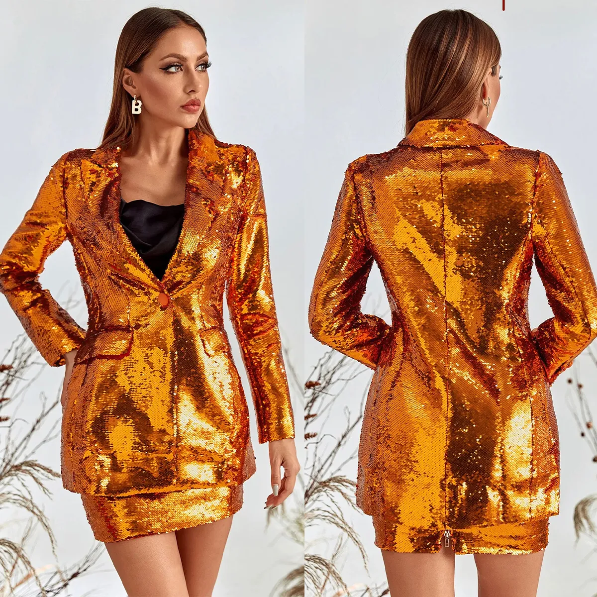 Sparkly Sequined Women Blazer Suits V Neck Evening Party Ladies Skirts Dressing For Wedding Loose Two Pieces