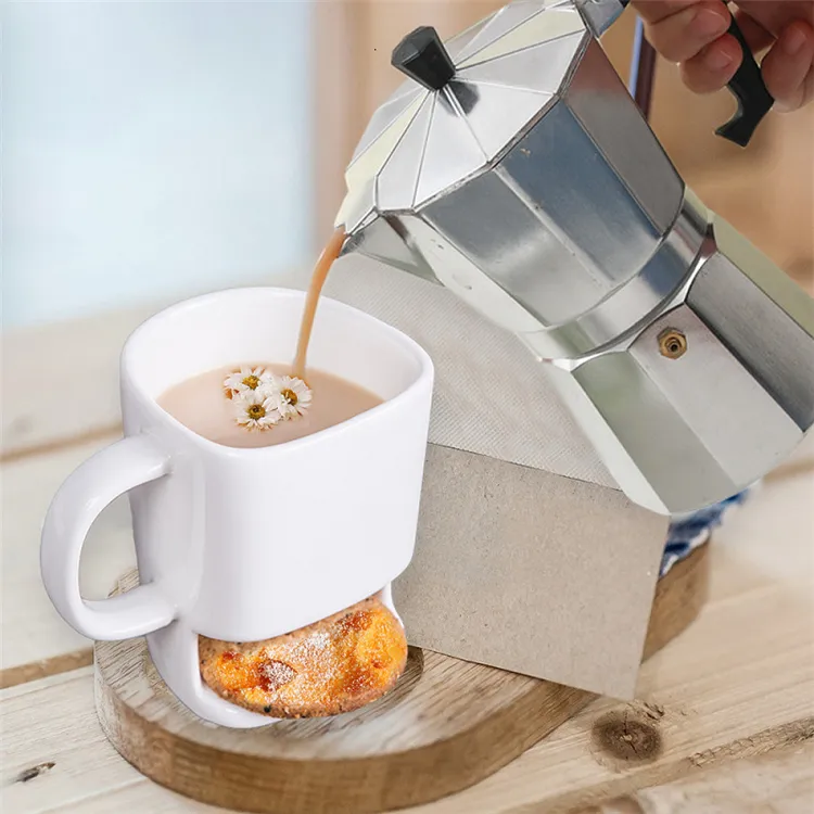 Drinkware Ceramic Mug White Coffee Tea Biscuits Milk Dessert Cup Tea Cup Side Cookie Pockets Holder For Home Office 250ML