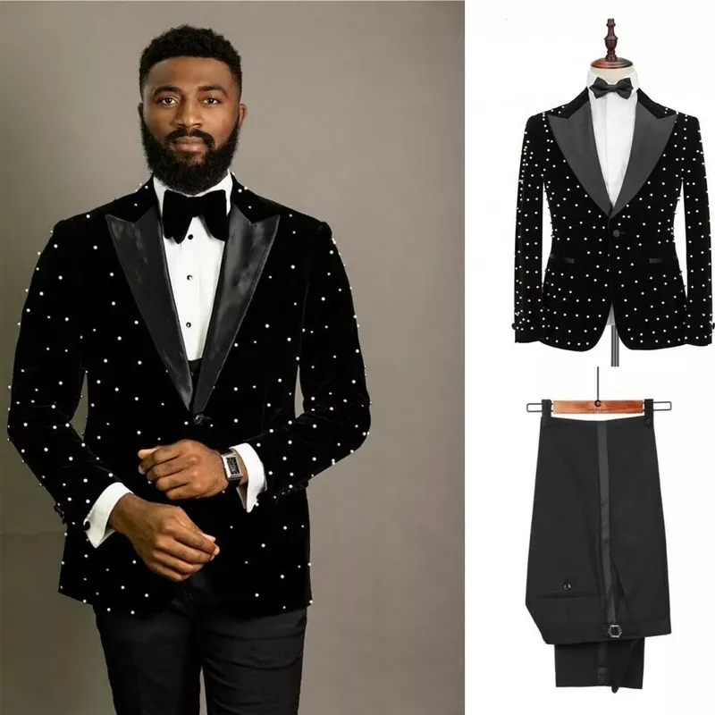 Men's Suits Blazers Stunning Beading Men Slim Fit Black Velvet Wedding Tuxedos 2 Piece African Fashion Jacket with Pants Groom Wear 230206