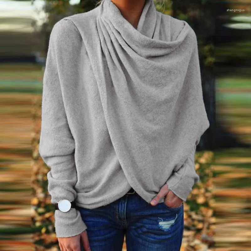 Kvinnors T-skjortor Casual Wrap Cross Slit Pleat Scarf Collar T-shirt Kvinnor Elegant Solid Fleece Top Pullover Spring Autumn Long Sleeve Office