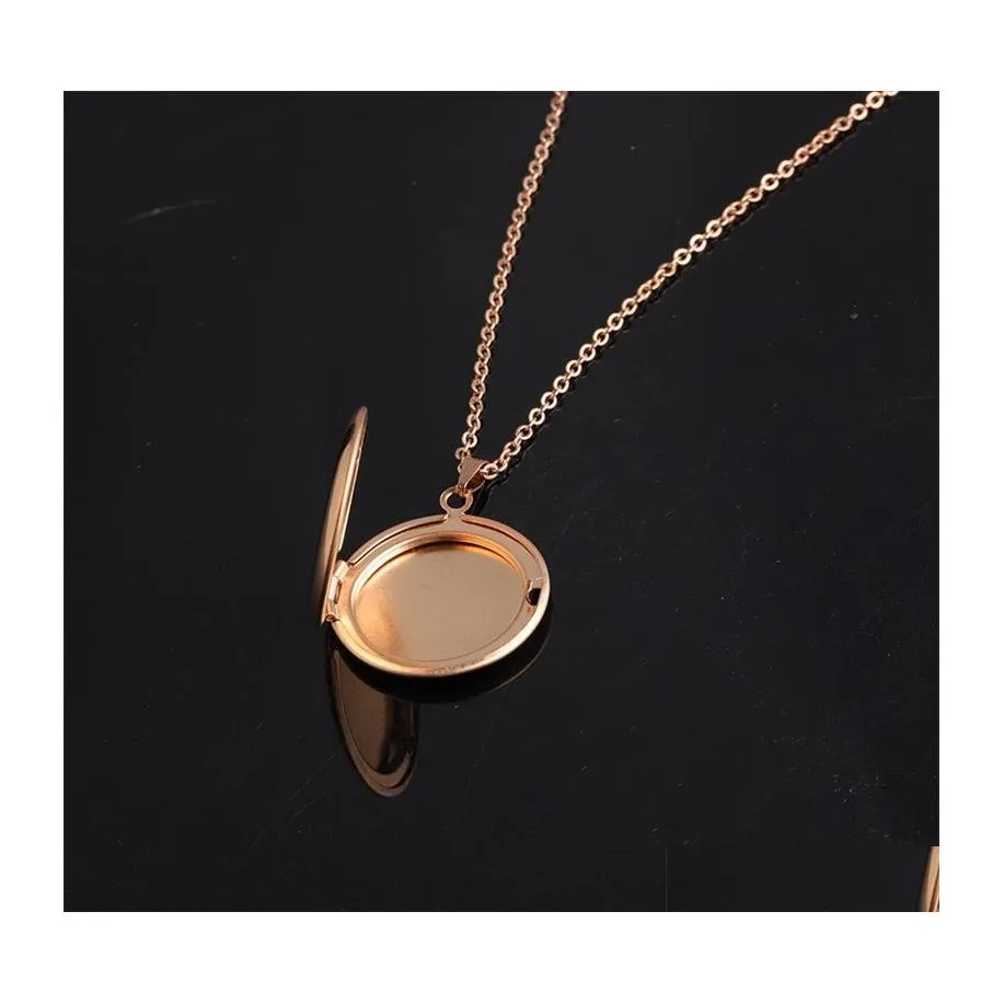 Pendant Necklaces Round Stainless Steel Memory Openging Locket Necklace Family P O Magic Diy Engraveable Jewelry Gift For Baby Drop Dhkvo