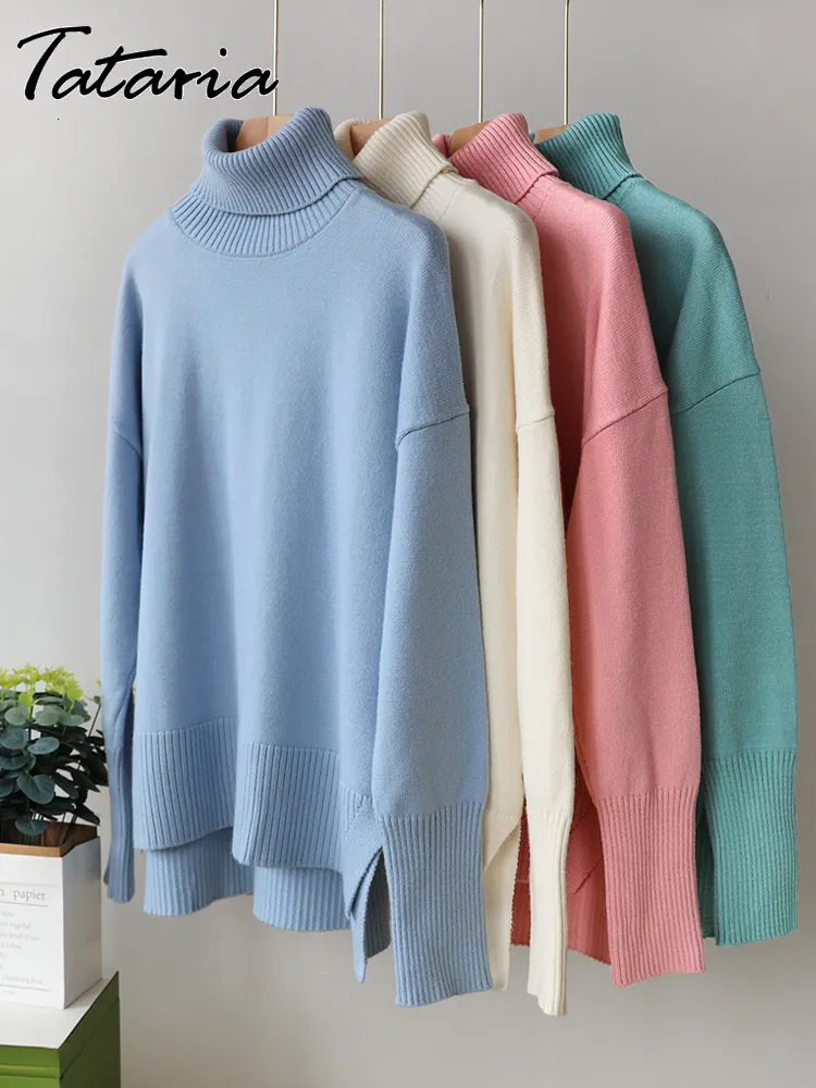 Women's Sweaters High Quality Oversize Turtlenecks for Women Autumn Vintage Beige Knitted Sweater with Side Split Soft Girls Warm Pullover Jumper 230206