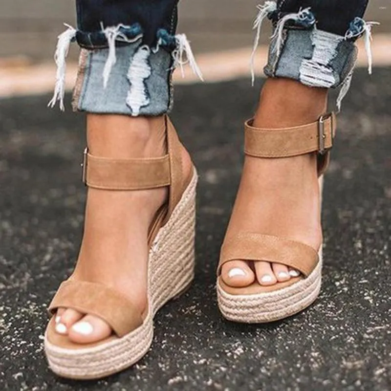 Sandals Women Summer Large Size Wedge Buckle Belt Open Toe Slope Heel Weaving Breathable Beach Shoes Mujer 2023