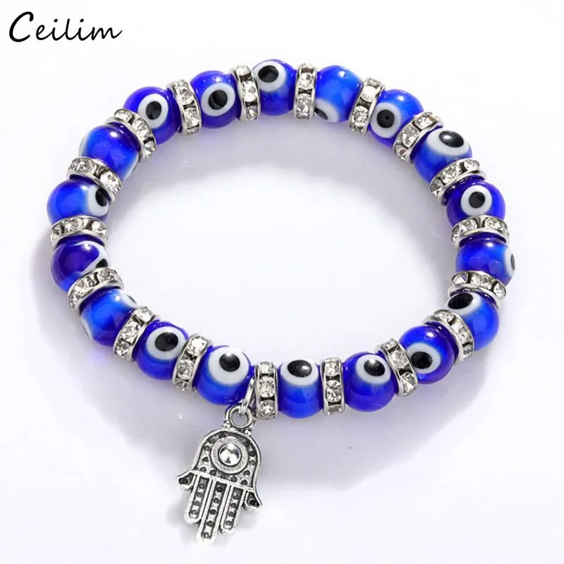 Strand Lucky Blue Eye Fatima Palm Armband för kvinnor män 2023 Fashion Hamsa Handpärla Charm Armband Friendship Smycken Parpresenter