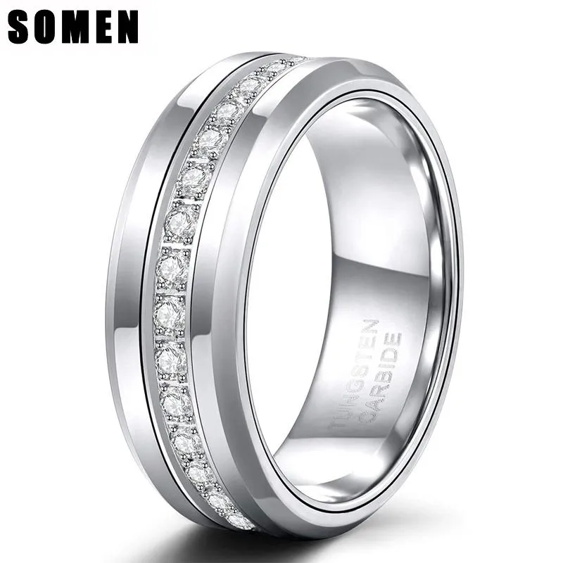 Wedding Rings Somen Men Tungsten Ring Silver Color Bands With Cubic Zirconia Trendy Eternity Unisex CZ Inlaid High Polish
