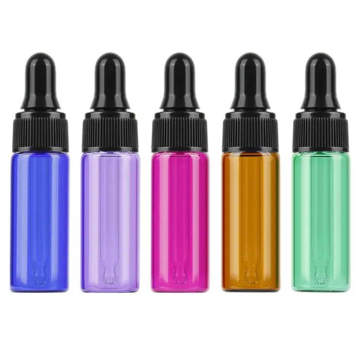 Commercio all'ingrosso blu verde viola rosso ambra mini bottiglie di vetro 5ml flaconcino contagocce campione con coperchi neri SN4787