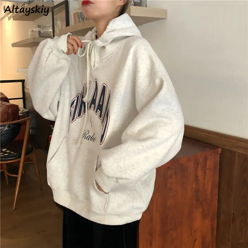 Kadın Hoodies Sweatshirt Şapkalı Hoodies Kadınlar Yazdırıyor Vintage Gevşek Ön Cepler Estetik Kış Daha Sıcak Dış Giyim Kapüşonlu Kazak Kore Femme 230207