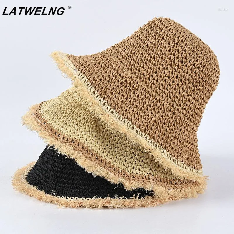 Wide Brim Hats Female Summer Floppy Sun Hat Raffia Fringed Edging Beach Hand-crocheted UV Bucket Sunscreen Caps Wholesale