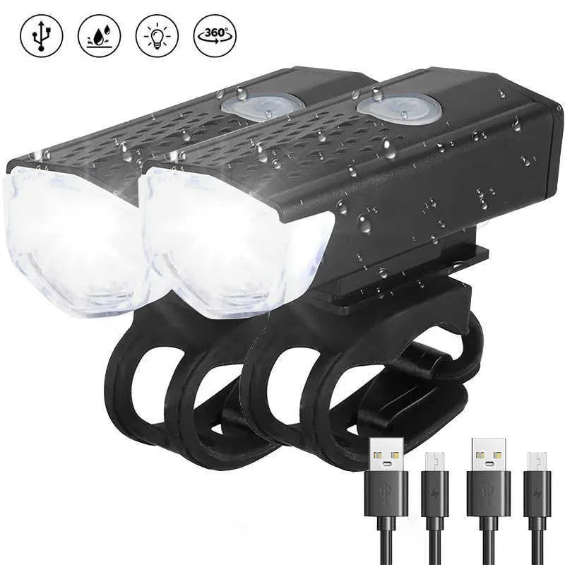 أضواء الدراجة الخفيفة USB LED مجموعة قابلة لإعادة الشحن غير نافذ للمطر الدراجات الجبهة الخلفية المصباح مصباح دراجة تحذير مصباح يدوي 0202