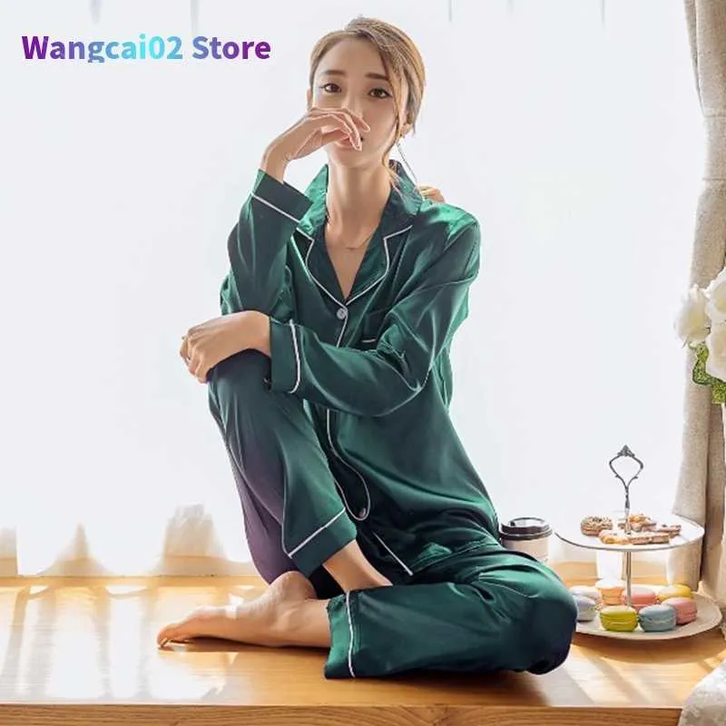 Kadın pijama kadınları ipek saten pijama pijama set uzun kollu pijama pijama pijama takım elbise kadın uyku iki parça set salon giyim artı 020723h