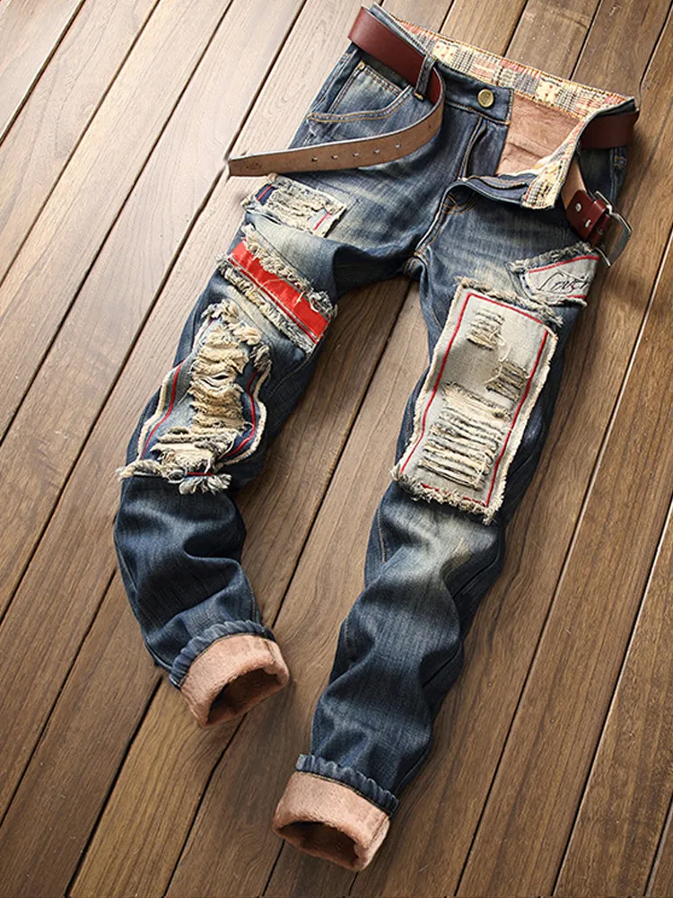 Jeans pour hommes Automne Hiver Épais Hommes Vêtements Slim Genou Patch Stretch Coton Droit Et Polaire PROM Party Fashion Qualité 230207