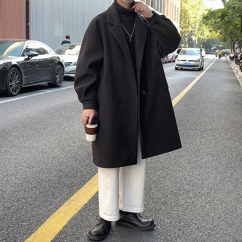 Mens Wool Blend Trench Coat: Autumn Winter Woolen Dust Coat, Japan