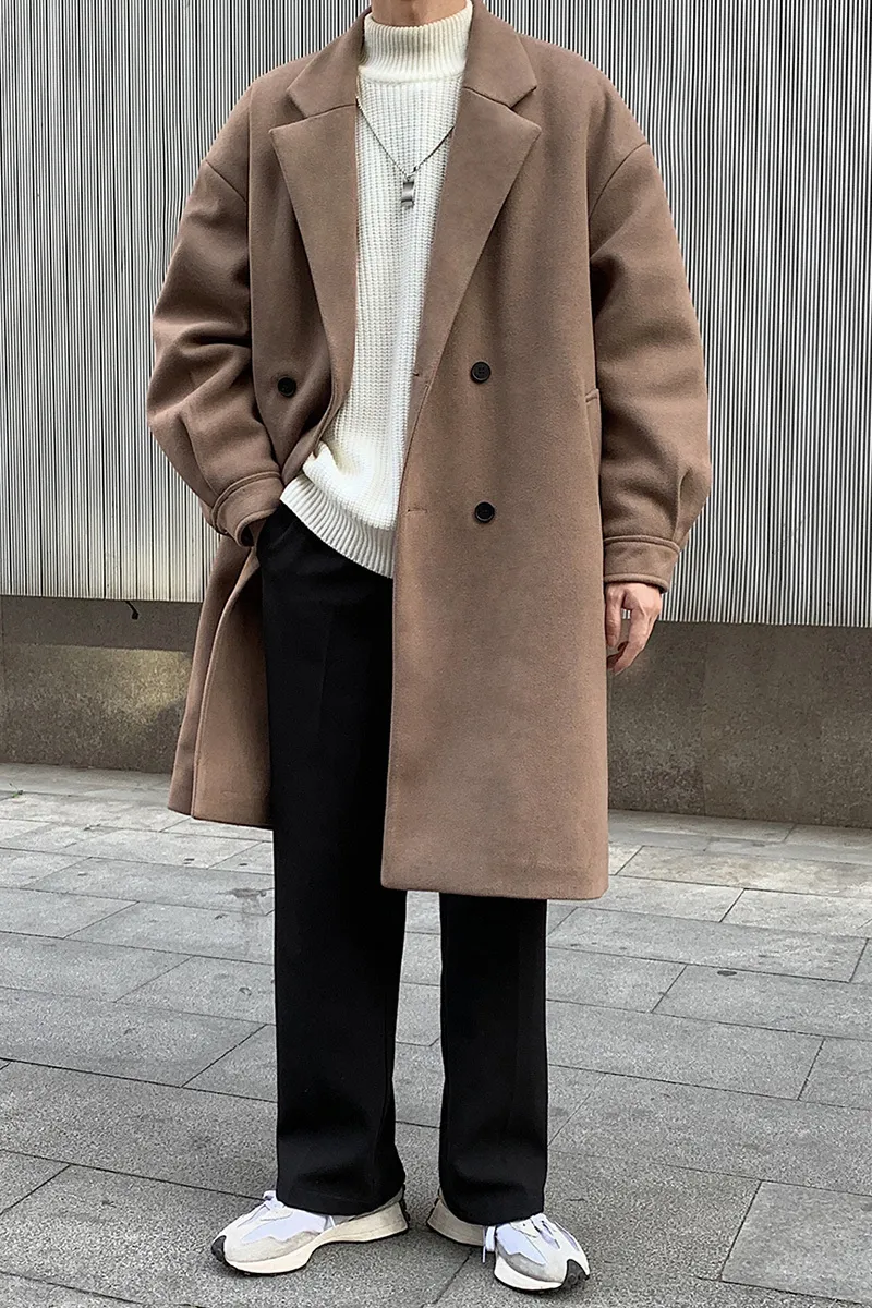 Mens Wool Blend Trench Coat: Autumn Winter Woolen Dust Coat, Japan