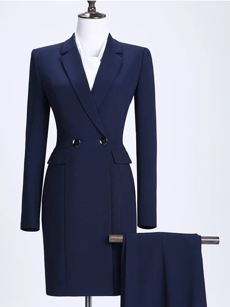 Damen Zweiteilige Hose Damen Arbeitskleidung Hosenanzug Weinblau Schwarz Langer Blazer Set Elegante Jacke und Hose 2 Stück 230207