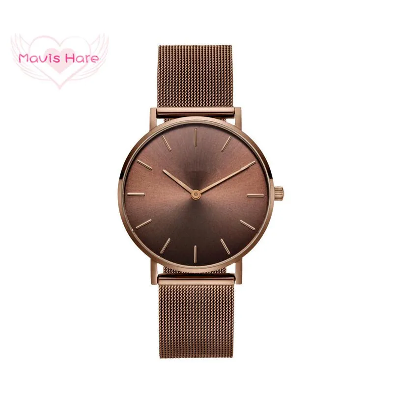 Wristwatches Mavis Hare KHAKI COFFEE Mesh Wristwatch Woman/Man Watches With Stainless Steel Yellow-Brown Colour Bands As Gift