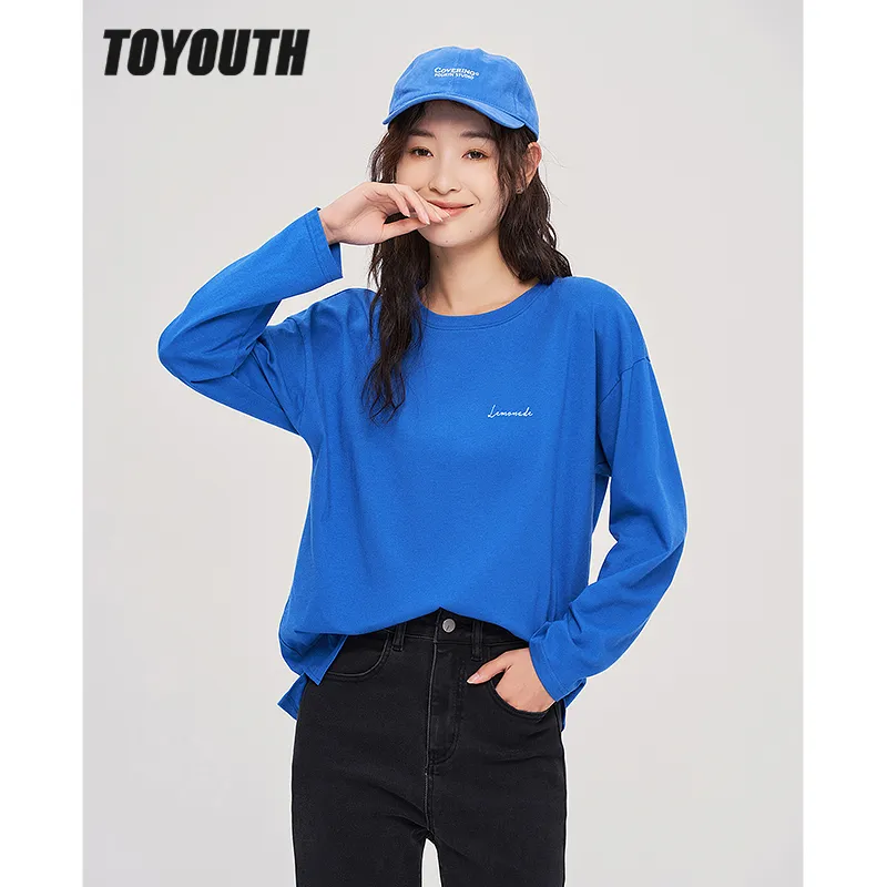 Kvinnors t-shirt Toyouth Women Tees Autumn Long Sleeve O Neck Multiple Color T-Shirt Letter Print Pure Cotton Casual Streetwear Tops 230206