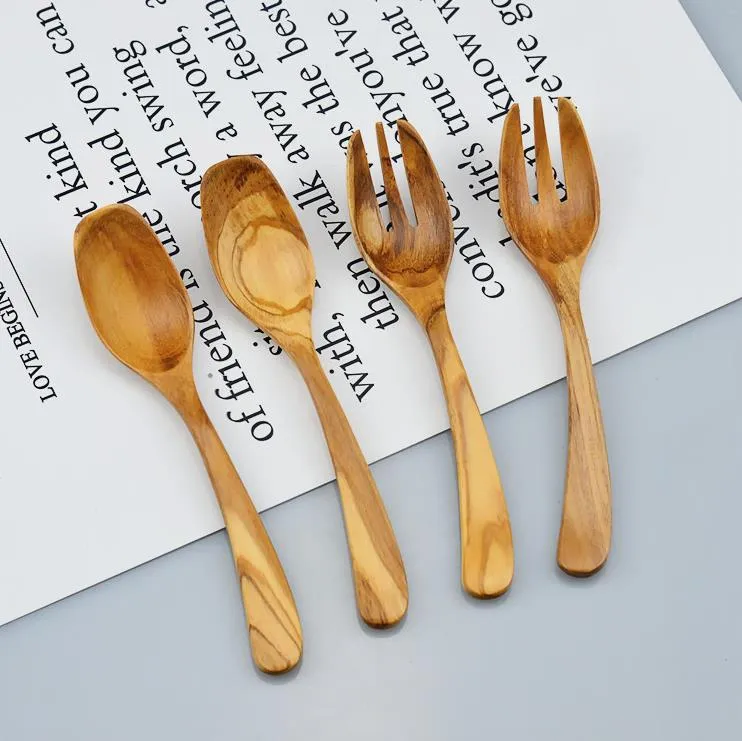 50pcs Italy Olive Wooden Curved Spoon Fork Long Handle Tableware Wooden Cutlery SN4784