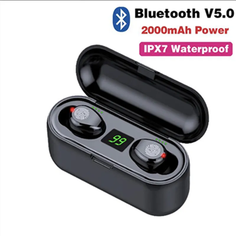 F9 TWS Drahtloser Kopfhörer Bluetooth V5.0 Ohrhörer Kopfhörer LED-Anzeige Power Bank Headset Mic mit Kartonverpackung