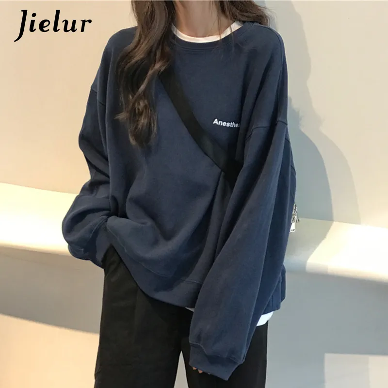 Hoodies voor dames sweatshirts Jielur Kpop Letter Hoody Fashion Koreaans dunne chique coole marineblauw grijs voor vrouwen MXXL 230206