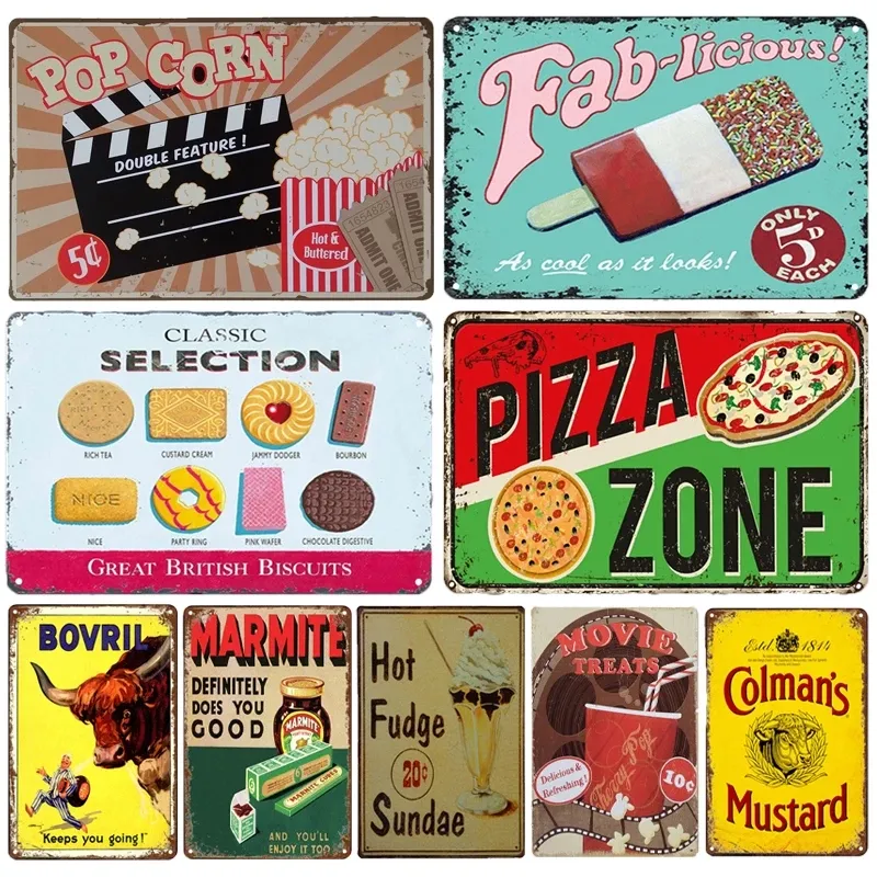 BBQ Pizza Pie Metal målning Vintage Kitchen Sweet Home Decor Retro Cake Tenn Sign Food Poster Restaurang vardagsrum Väggklistermärken 20cmx30cm woo