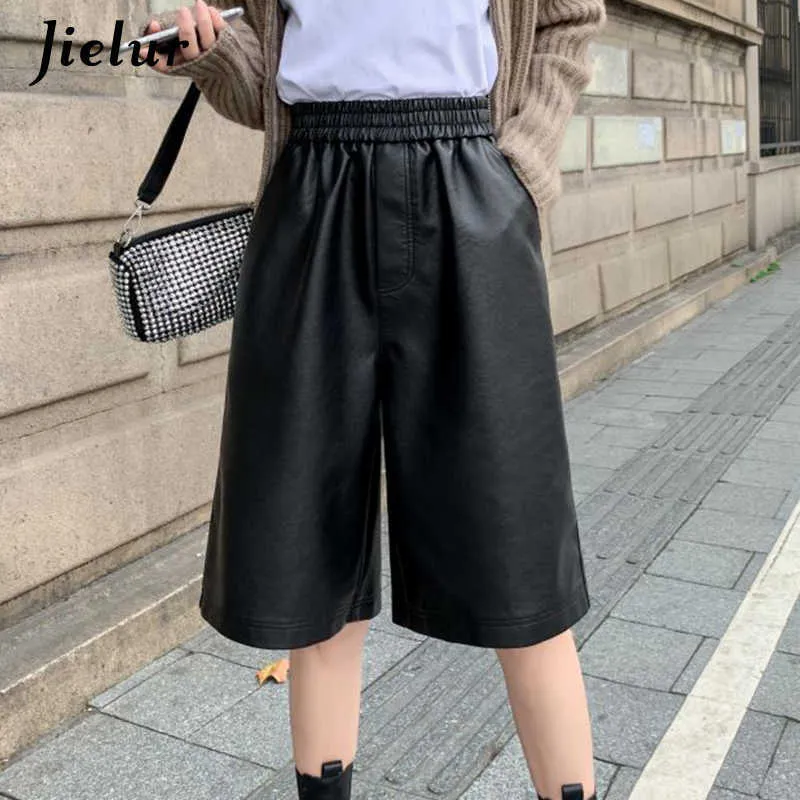 Women's Shorts Jielur Fashion PU Faux Leather Women Elastic Waist Loose Casual Five Points Wide Leg Black Short Female S-3XL Y2302