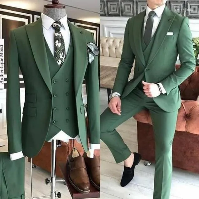 Kostymer för män Grön Svart Slim Fit 3 delar Smoking Brudgum Bröllop Dräkt män Smoking Terno Masculino De Pour Hommes Blazer(Jacka Byxor Väst)