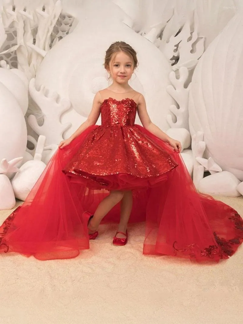 Flicka klänningar mvozein röd blomma klänning flickor prinsessa barn löstagbart tåg födelsedag mode puffy