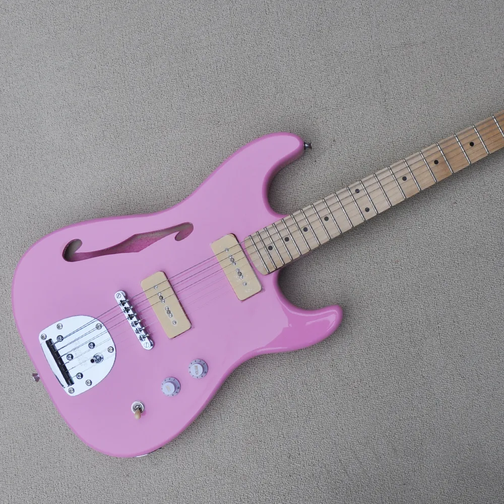 Guitare électrique semi-creuse rose 6 cordes avec manche en érable P 90 micros personnalisables