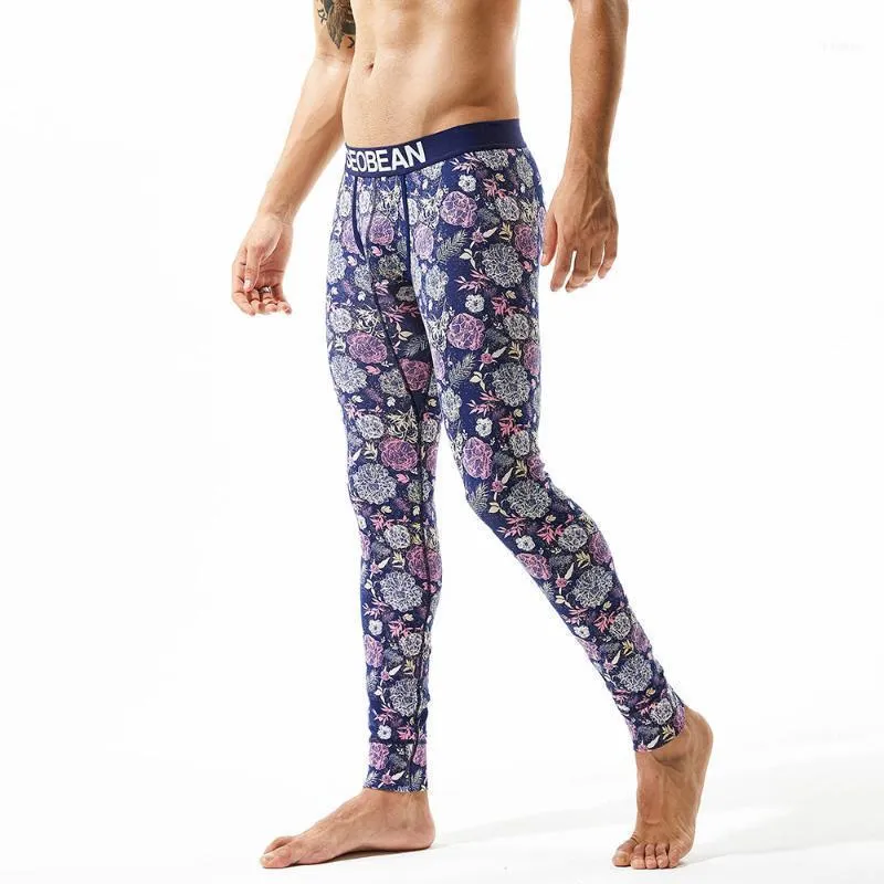 Men's Sleepwear Winter Men Fashion Sexy Long Johns Cotton Thermal Underwear Purple Flower WarmTight Single Leggings Pants High Quality1