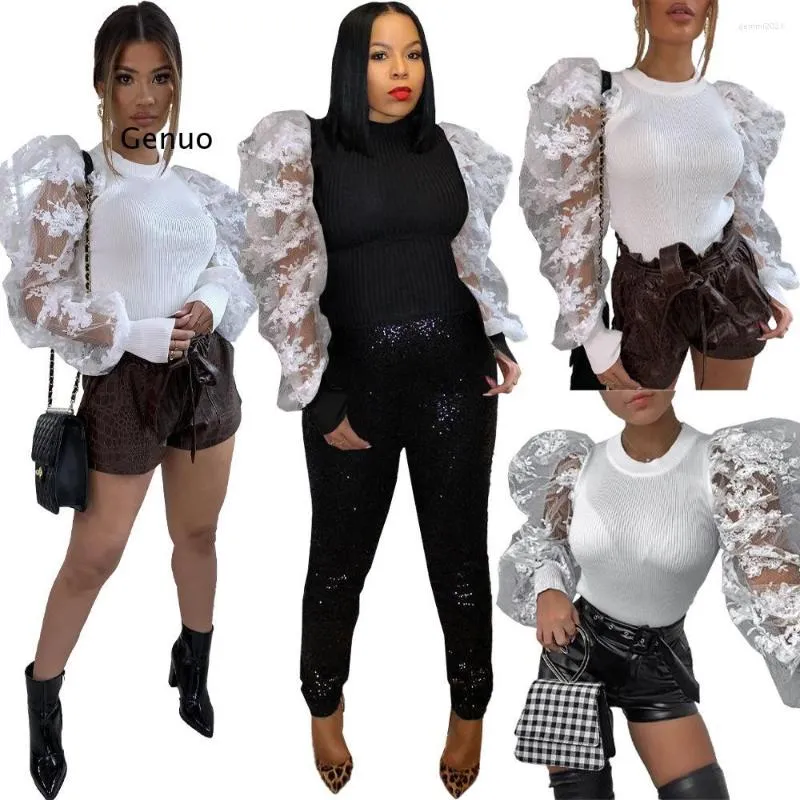 Women's Blouses Lace Embroidery Blouse 2023 Autumn Women Puff Sleeve O Neck Mesh Ribbed Black White Club Party Streetwear Shirt