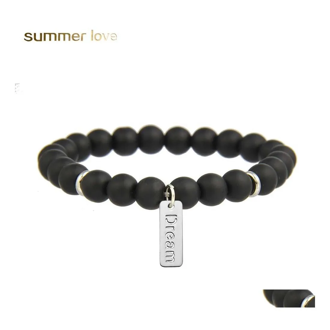 Fios de mi￧angas de 8 mm de mi￧angas foscas pretas Bracelets de pedra natural para homens pulseira de elasticidade com o designer de f￩ de sonho ￢ncora Dhzyc