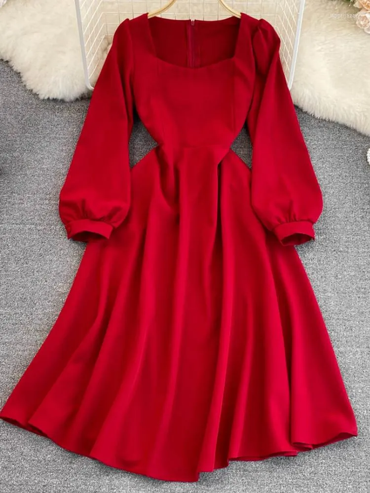 Lässige Kleider elegante Mode Frauen Midi schwarzes Kleid Vintage A-Line Slim Party Abschlussball Red Vestidos Femme Hepburn Geburtstag Robe Kleidung