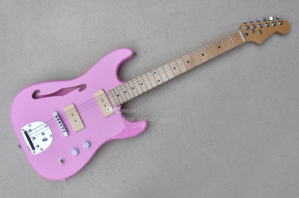 6 Strings Pink Semi Hollow Electric Guitar With Maple Fretboard P